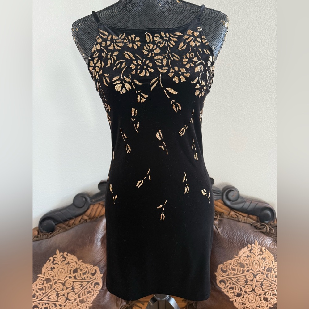 Status Collection Vintage Black Velvet And Gold Glitter Floral Dress Size Medium